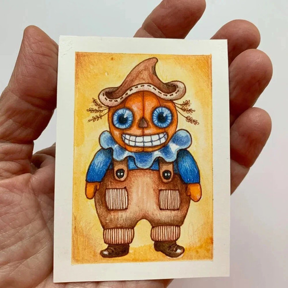 OOAK Vintage Halloween Pumpkin Scarecrow ACEO ATC Original Art Card - Picture 2 of 5